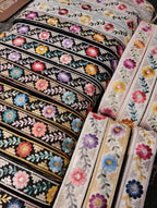 Multicolor Floral Embroidered Trim with Gold Sequin Accents – Boho Style Decorative Border