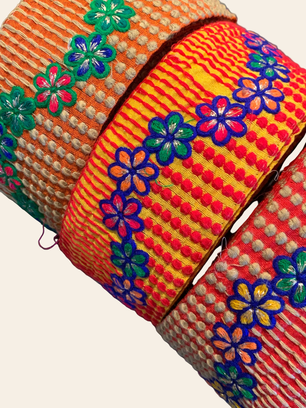 Premium Multicolored Floral Embroidered Cotton Lace Trim with Textured Geometric Borders