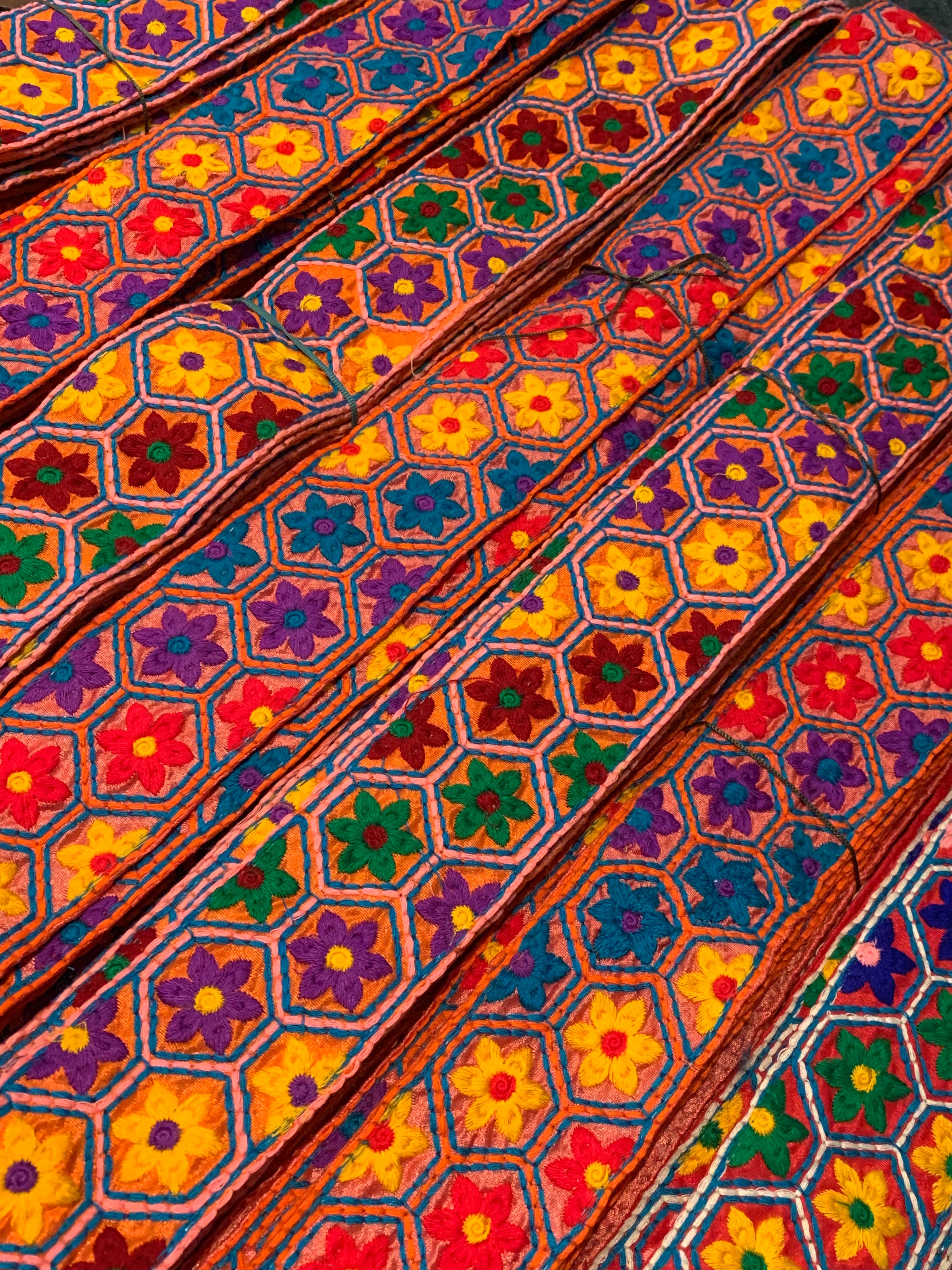 Multicolor Embroidered Floral Hexagon Lace Trim – Vibrant Geometric Boho Border