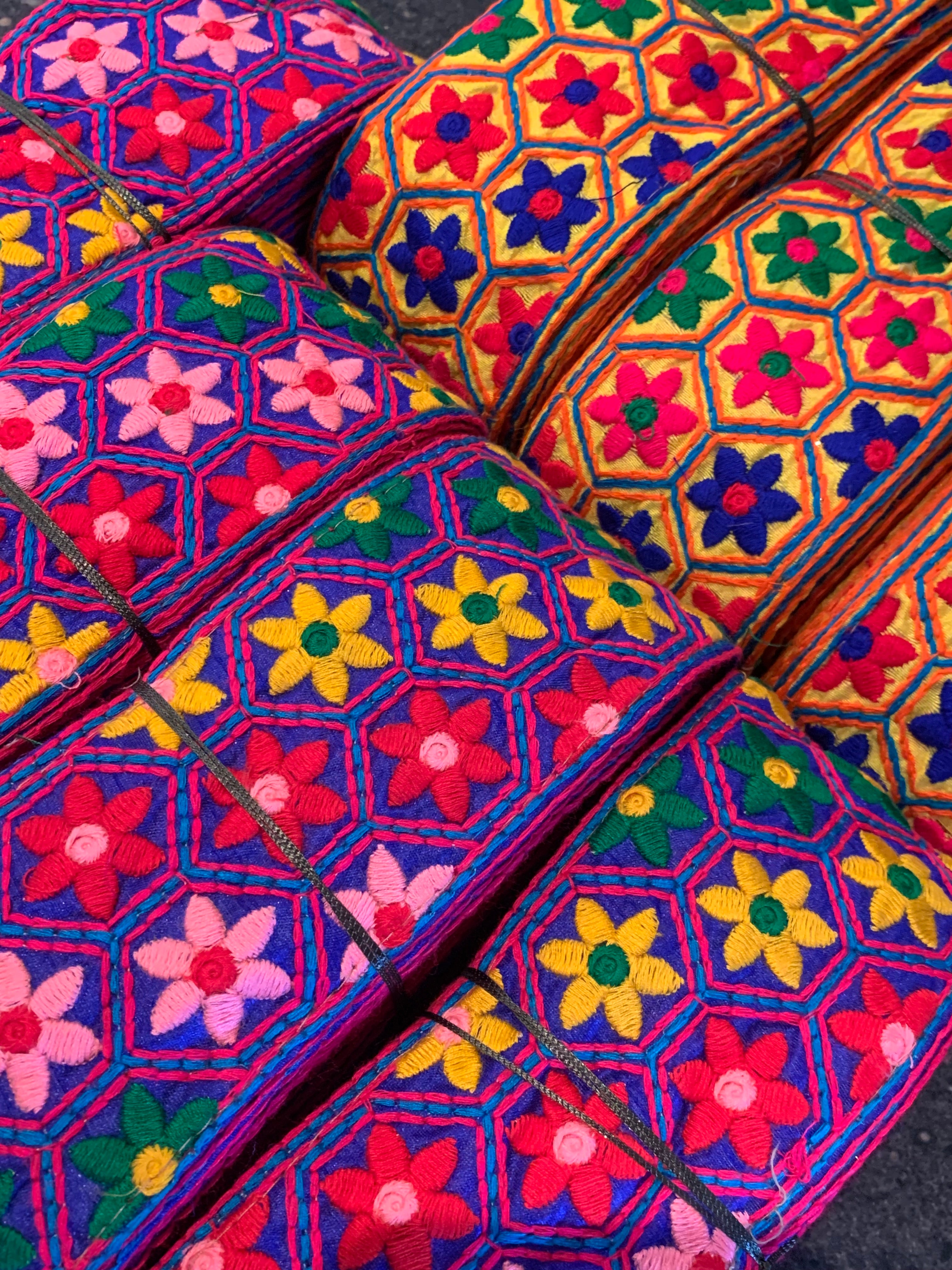 Premium Multicolored Floral Geometric Embroidered Lace Trim