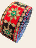 Traditional Gota Patti Floral Embroidery Lace Trim – Red & Black Velvet Border