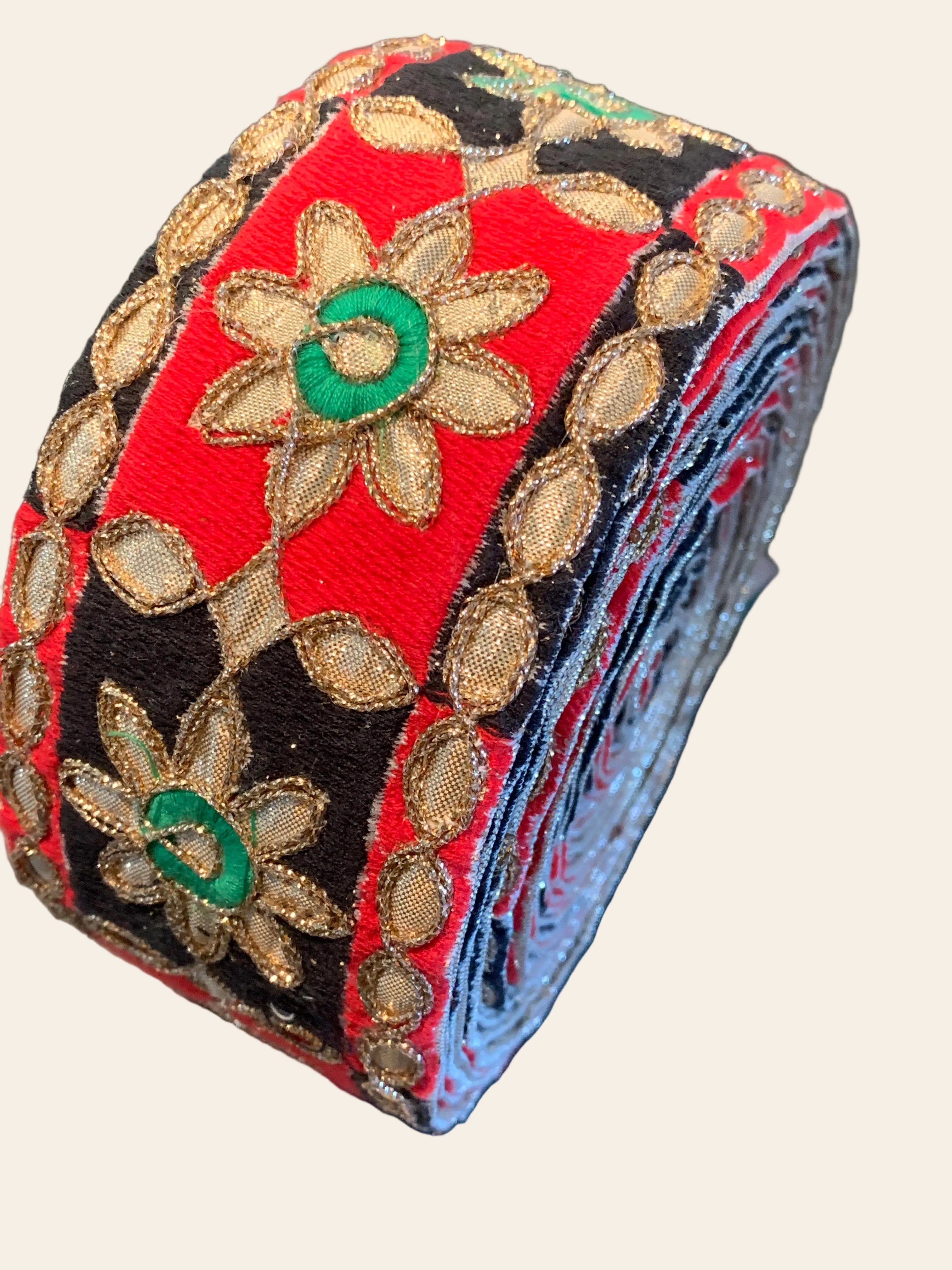 Traditional Gota Patti Floral Embroidery Lace Trim – Red & Black Velvet Border