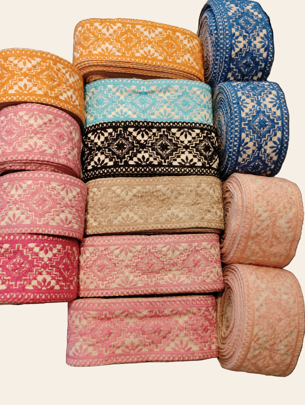 Premium Geometric Diamond & Floral Embroidered Cotton Lace Trim