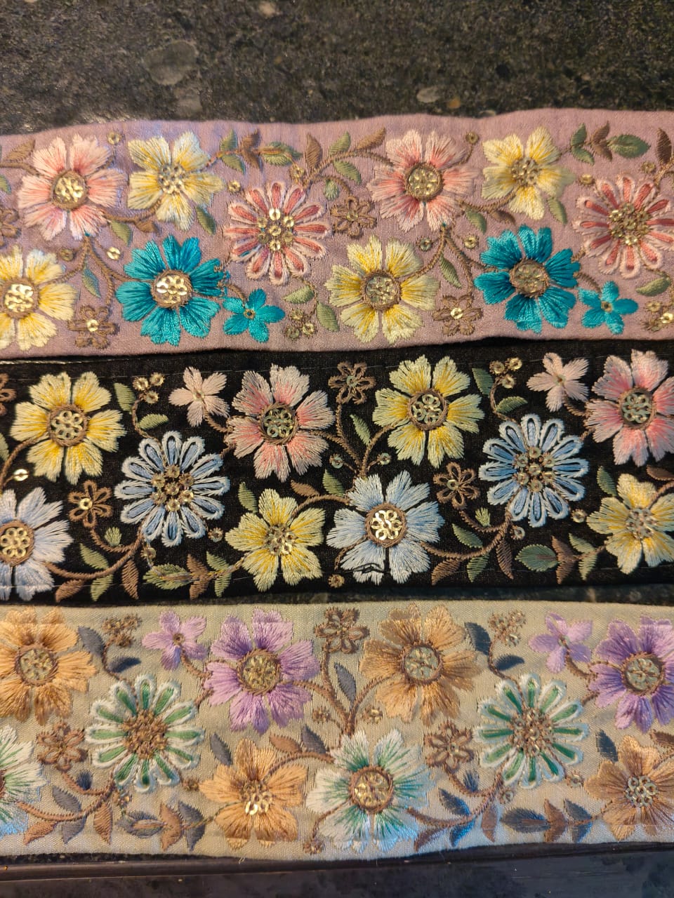 Floral Embroidered Silk Trim with Sequin