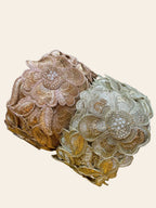 Product Title: Premium Metallic Rose Gold & Silver 3D Floral Pearl Lace Trim
