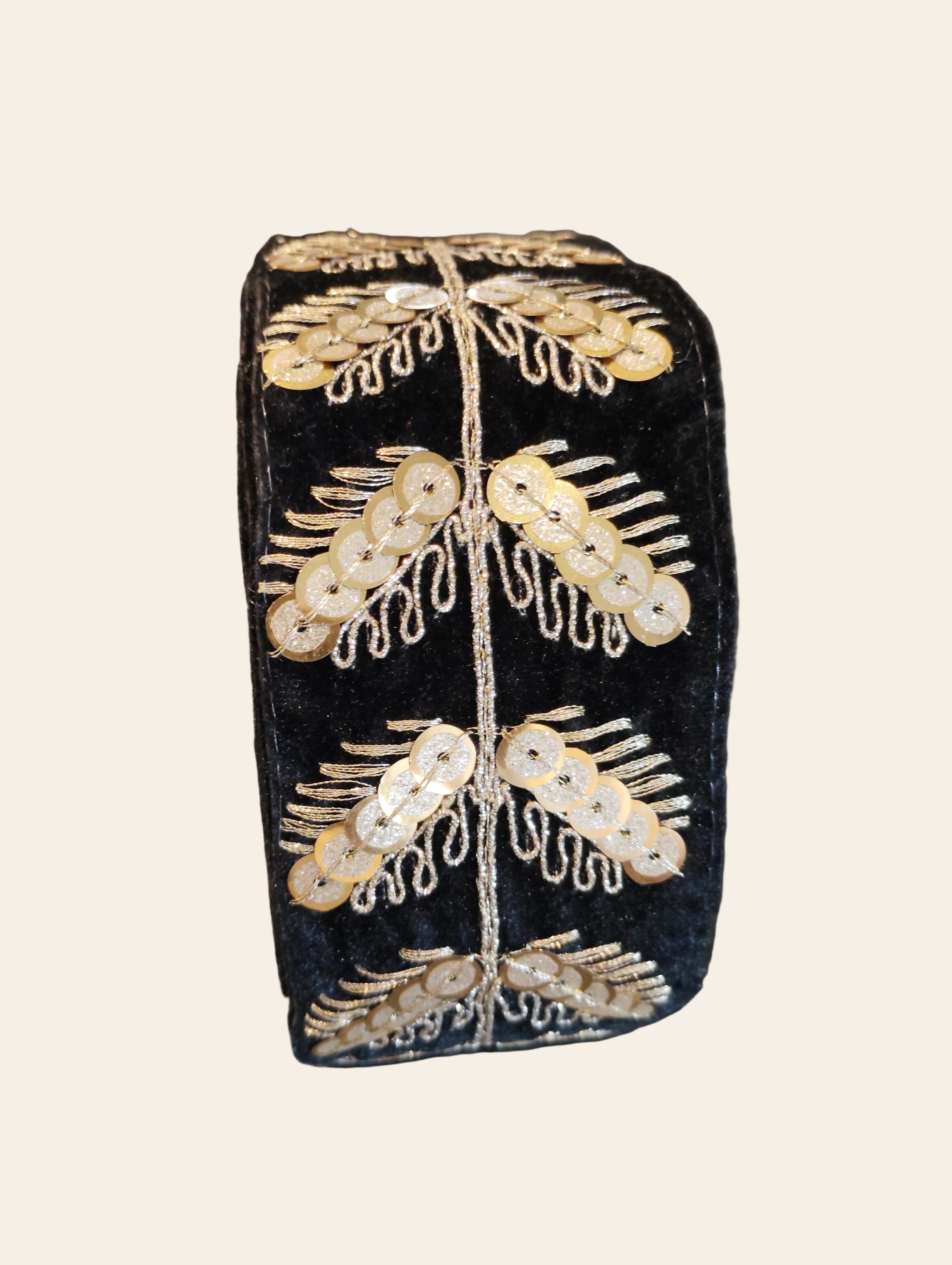 Gold Sequin Leaf Embroidered Black Velvet Ribbon Trim