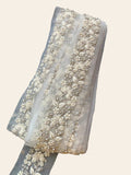 Beige Floral Zardozi & Pearl Bead Embroidered Net Trim