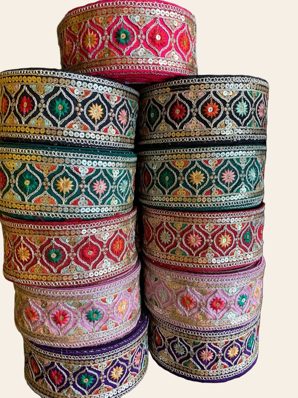 Multi-Color Floral Sequin Trim with Zari Embroidery