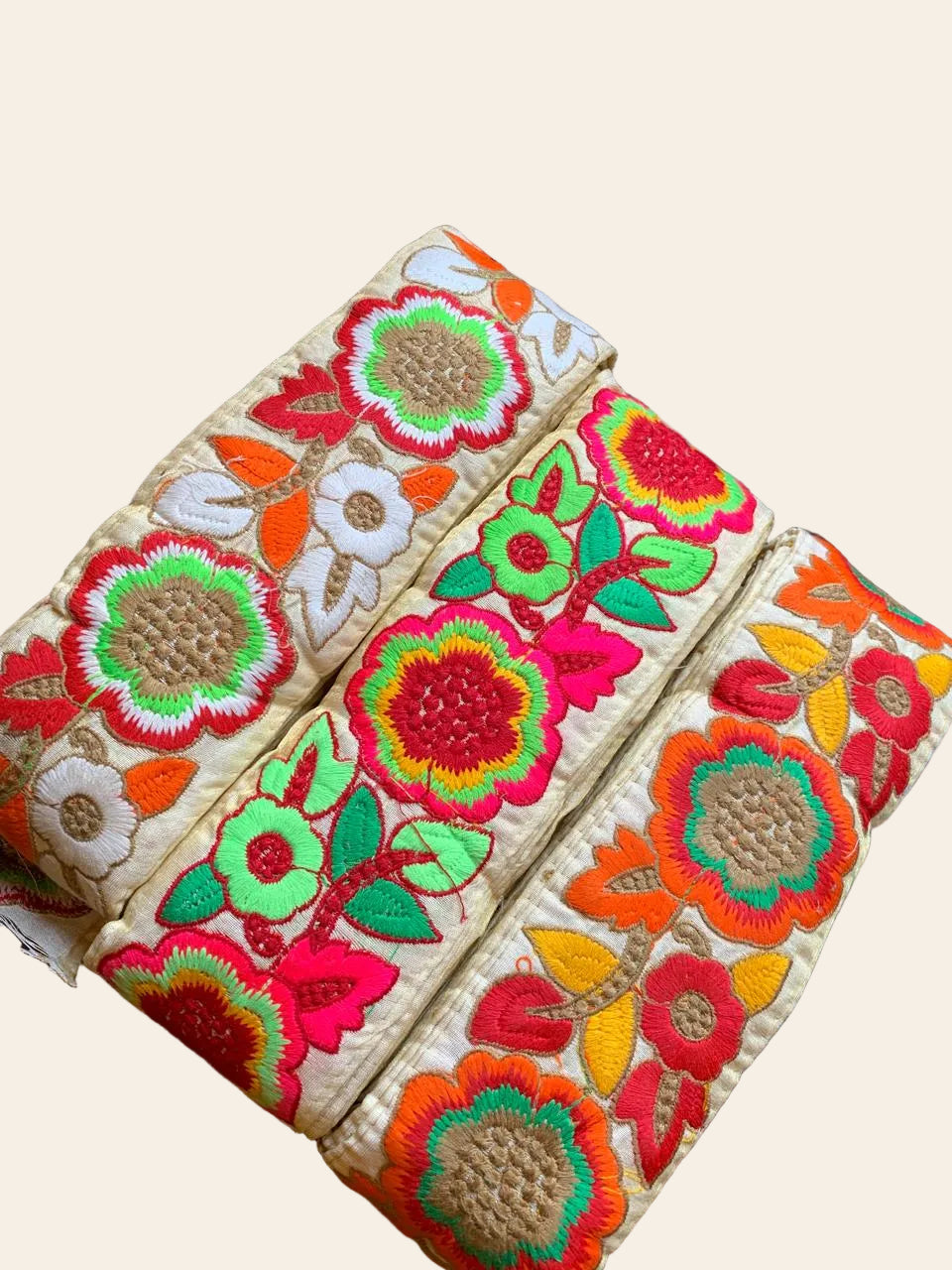 Vibrant Multi-Color Floral Embroidered Lace Trim – Boho Ethnic Fabric Border