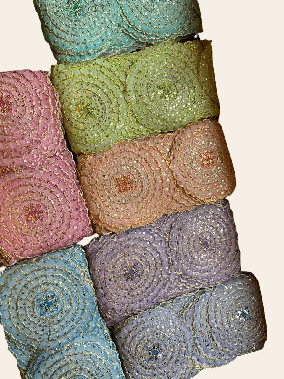 Premium Embroidered Sequin Scalloped Lace Trim with Floral Mandala Motifs