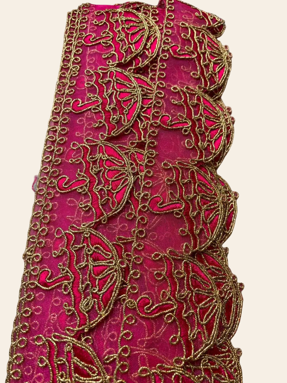Rani Pink Net Lace with Golden Zari Scalloped Embroidery