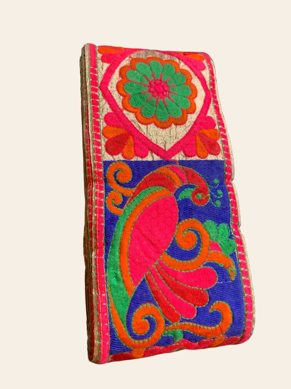 Vibrant Peacock & Floral Embroidered Ribbon Trim