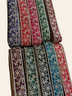 Multi-Color Floral Embroidered Net Lace Trim with Zari Work