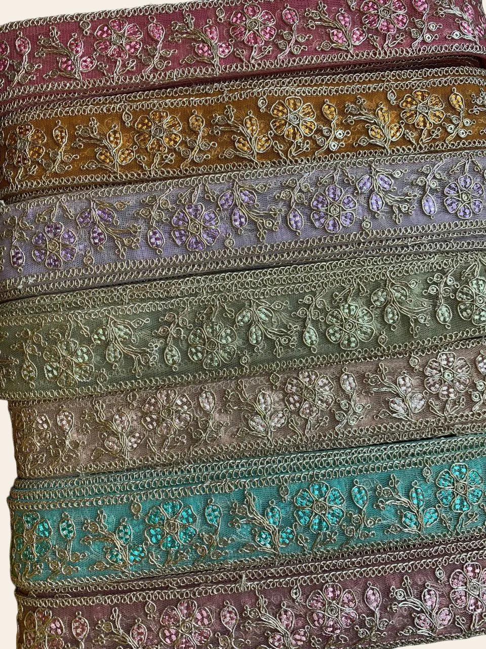 Multi-Color Floral Embroidered Net Lace Trim with Zari Work