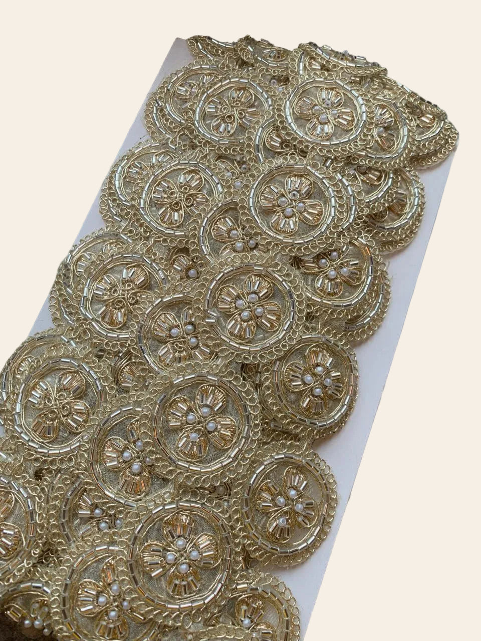 Luxury Pearl and Gold Beaded Sunburst Lace Trim