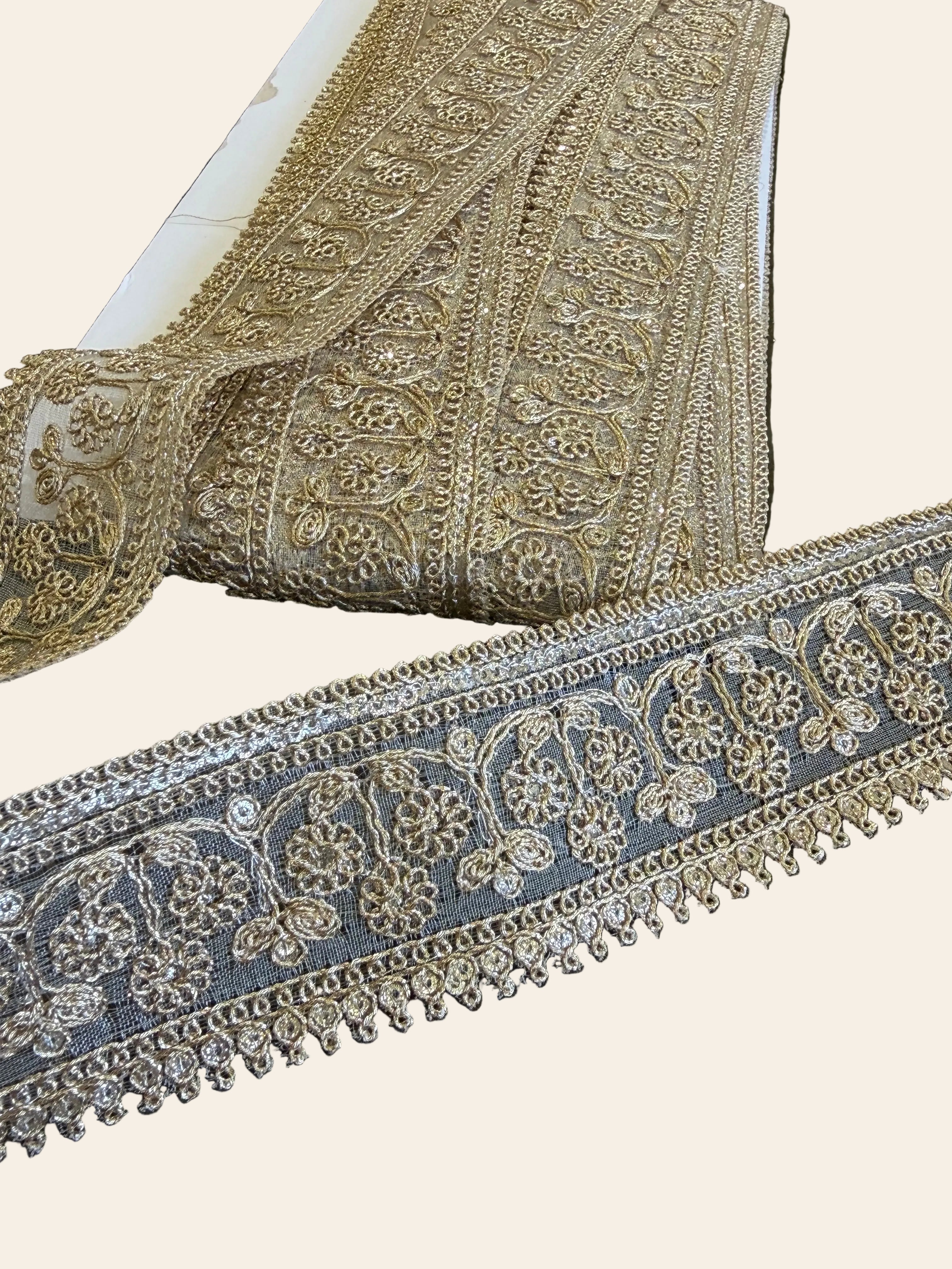Antique Gold Zardozi Floral Lace Trim with Scalloped Bead Border