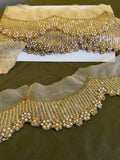 Gold Sequin Scalloped Lace with Pearl Flower Accents