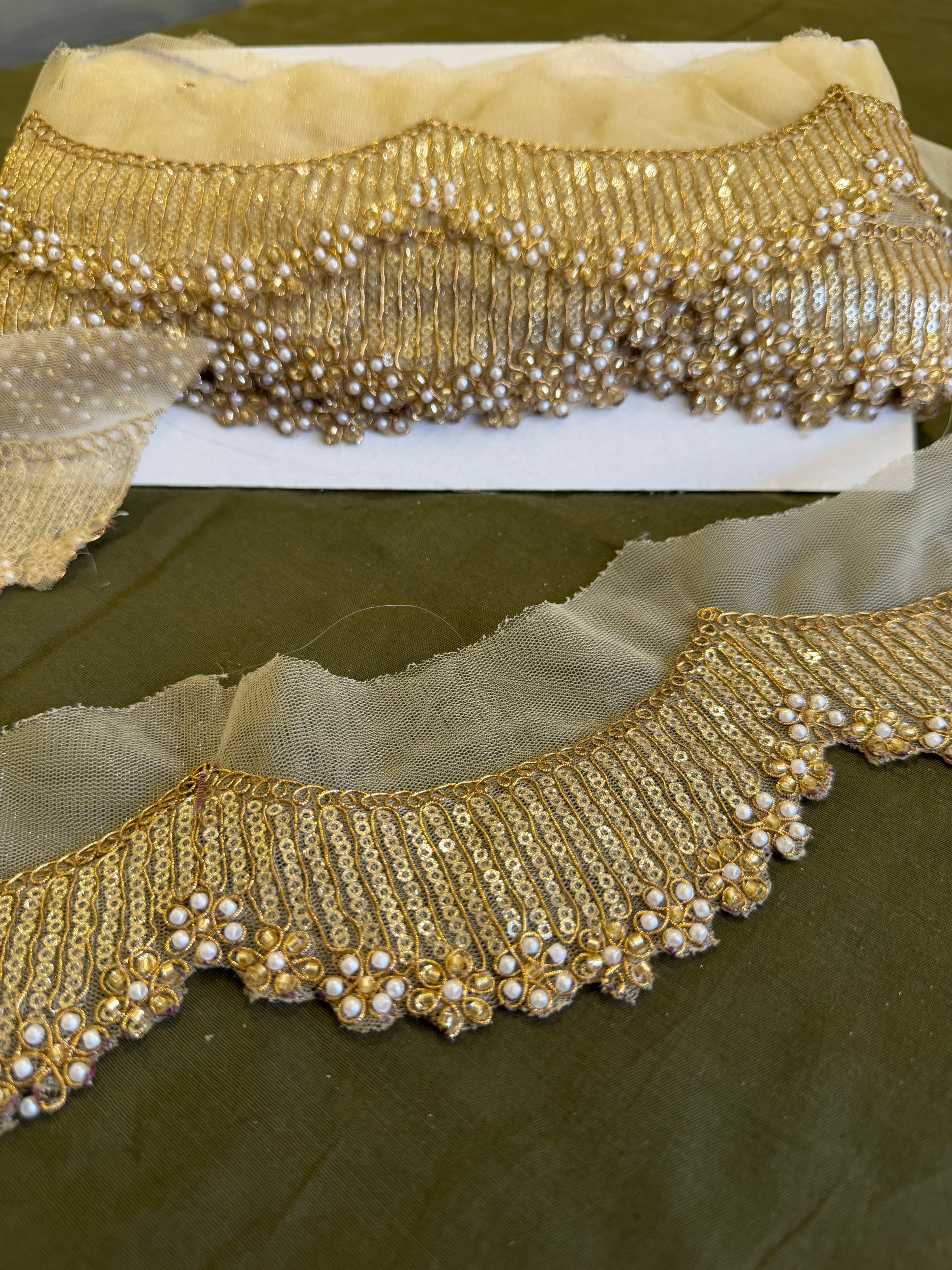 Gold Sequin Scalloped Lace with Pearl Flower Accents
