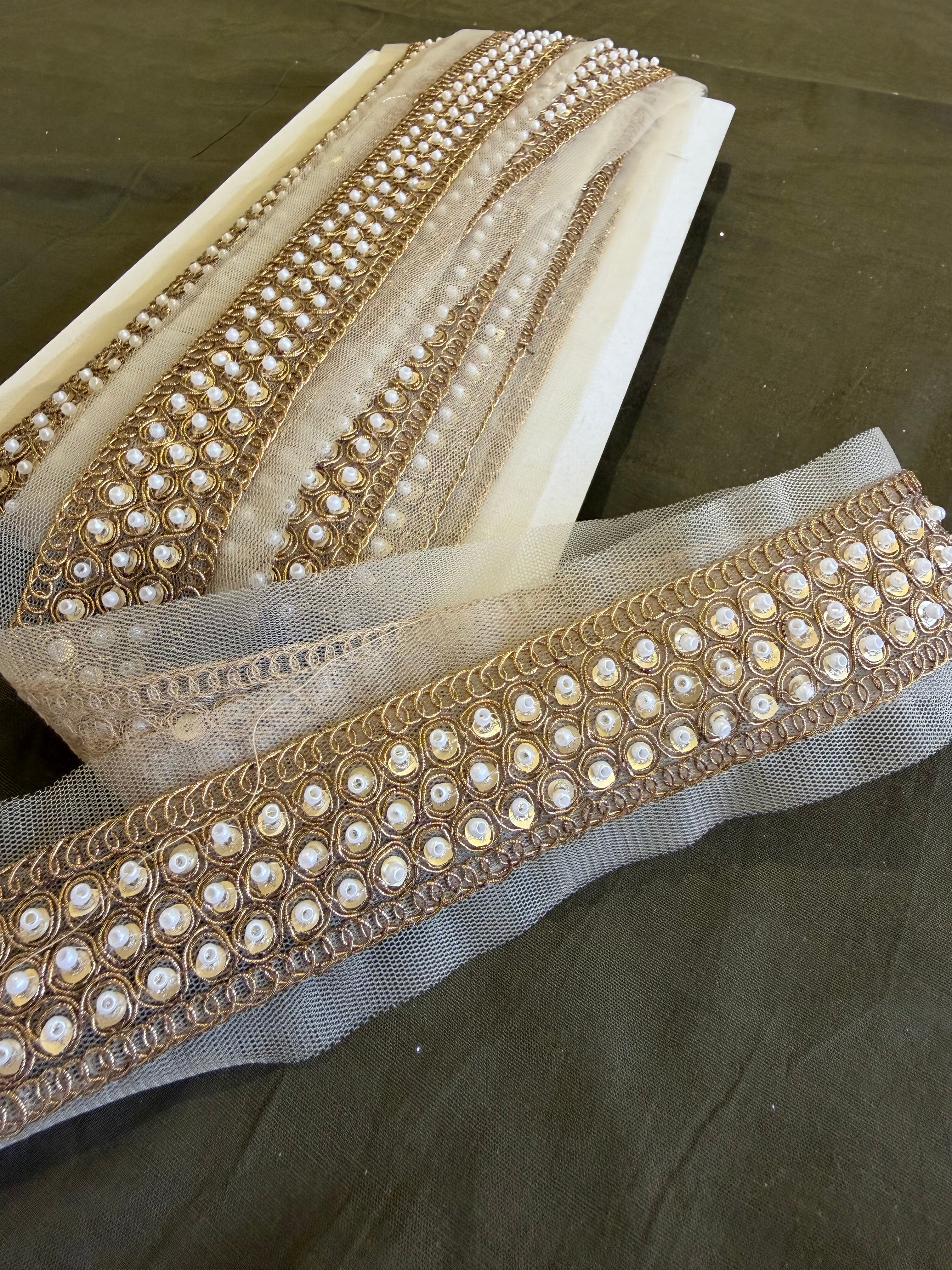 Pearl and Gold Sequin Embroidered Net Lace Trim