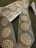 Elegant Gold Zardozi and Pearl Bead Medallion Lace Trim