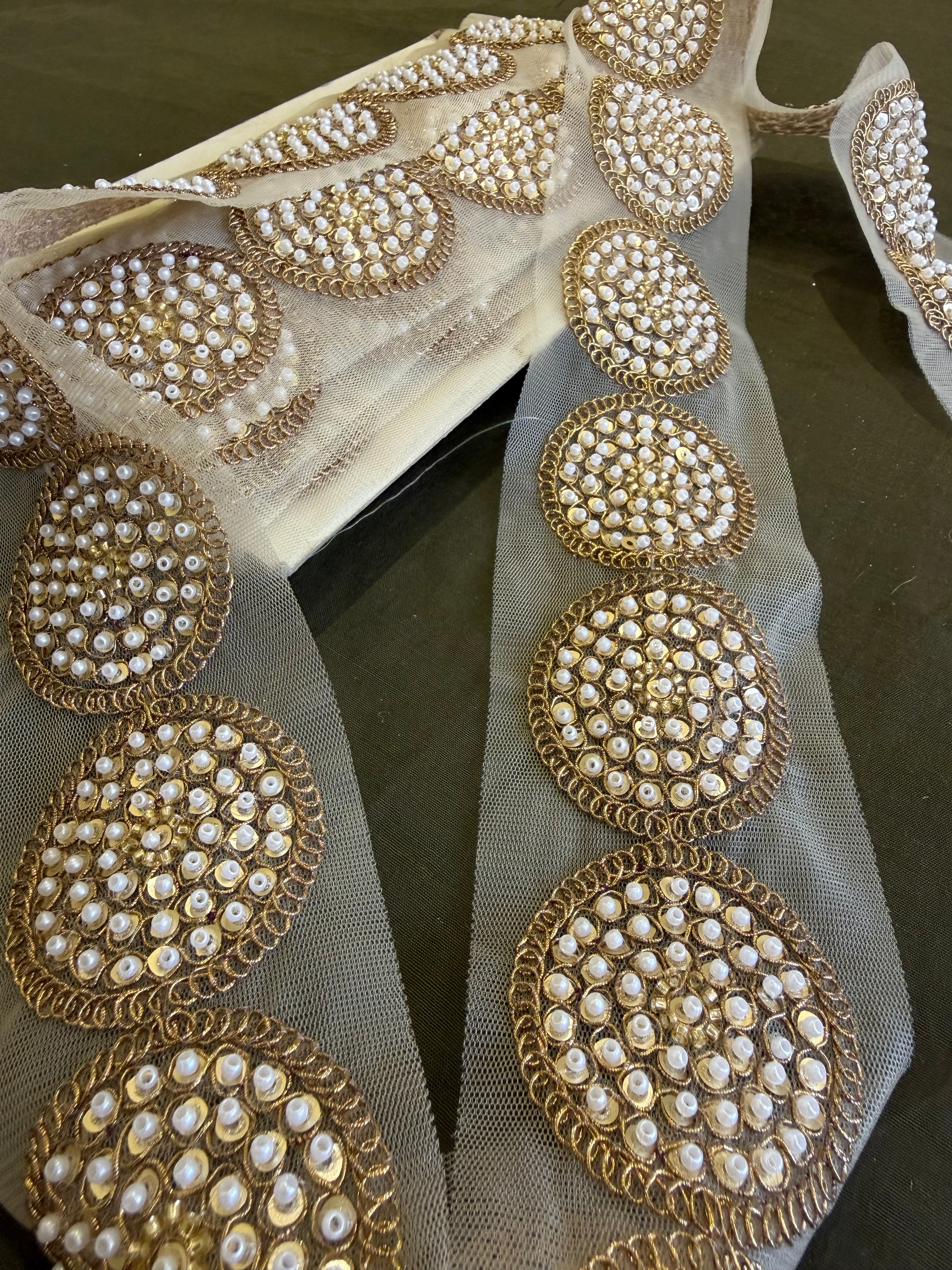 Elegant Gold Zardozi and Pearl Bead Medallion Lace Trim