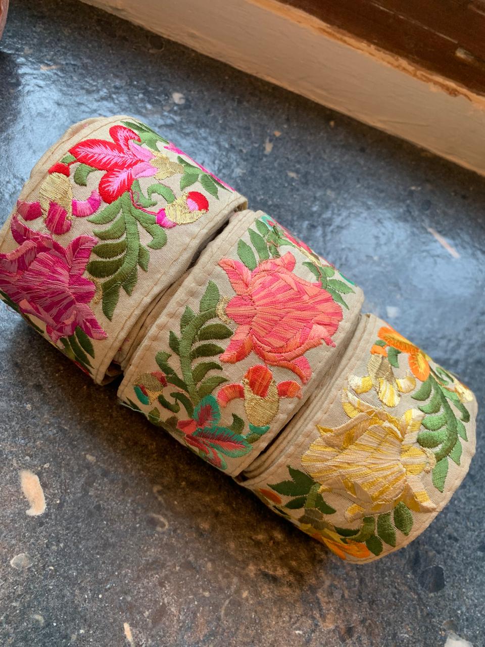 Handcrafted Multi-Color Floral Border with Intricate Thread Work