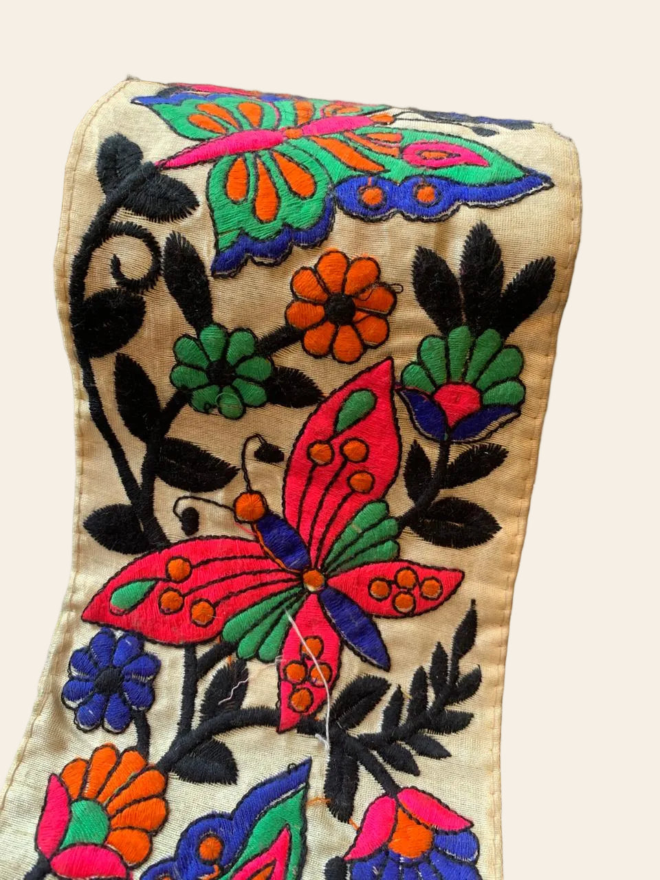 Vibrant Butterfly & Floral Embroidered Fabric Trim