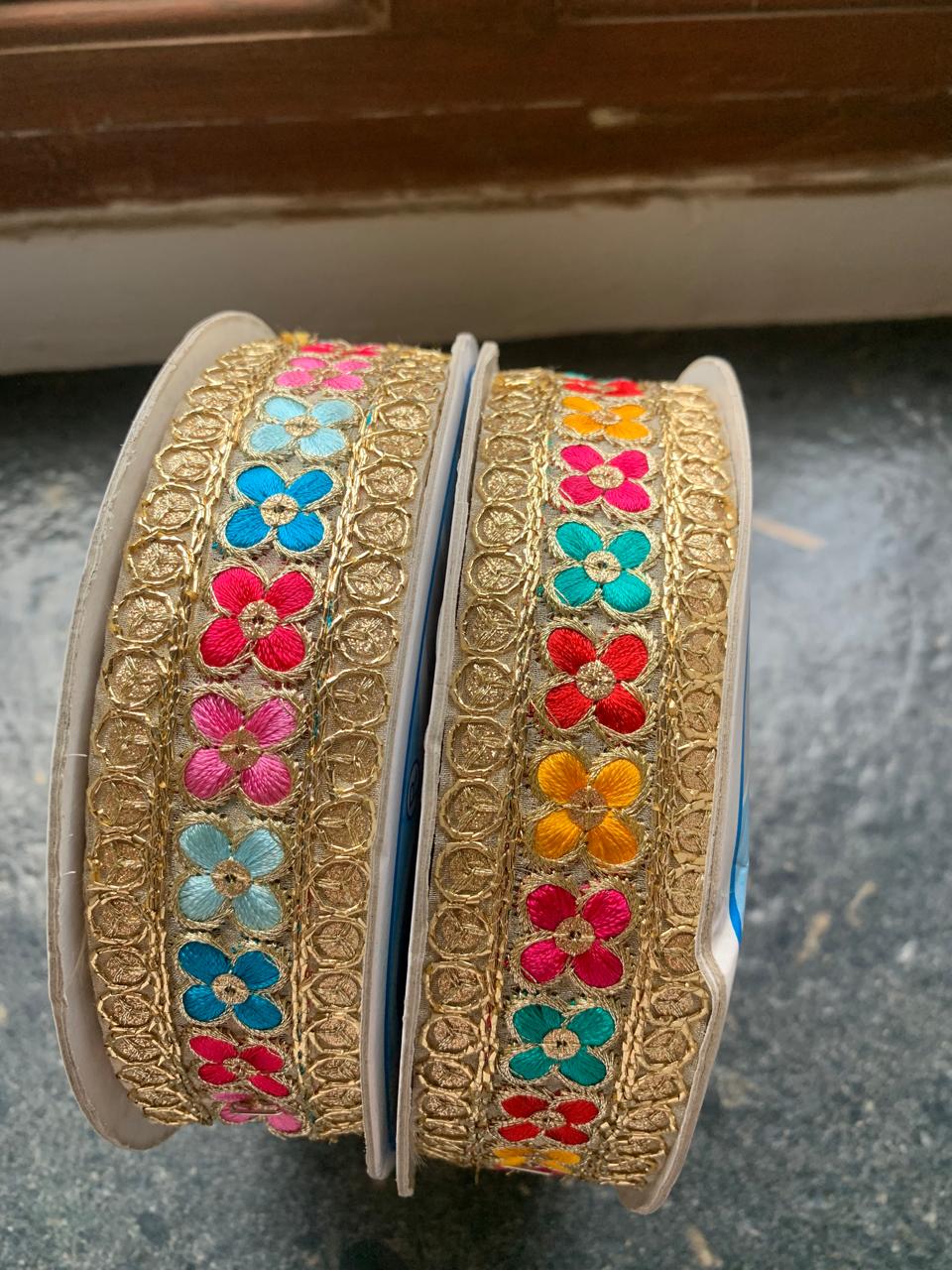 Multi-Colored Floral Embroidered Gold Lace Trim