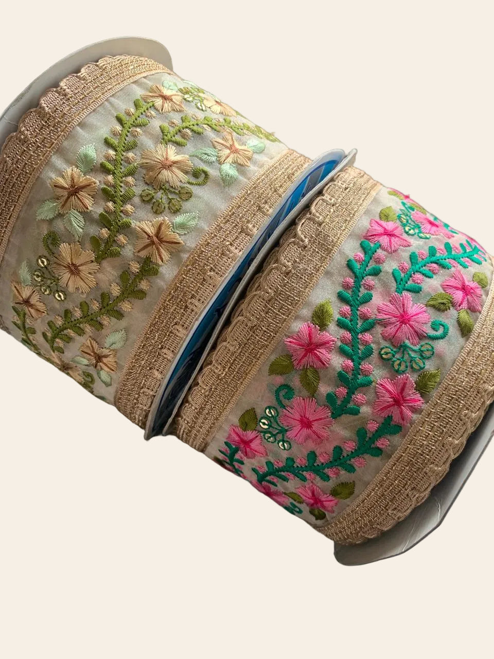 Embroidered Floral Lace with Gold Scalloped Border