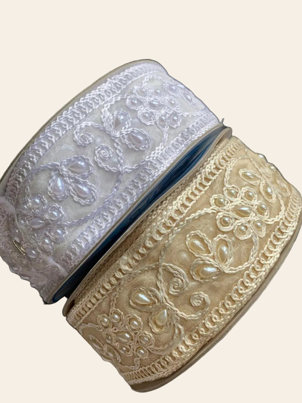 Ornate Faux-Pearl Embroidered Ribbon Trim