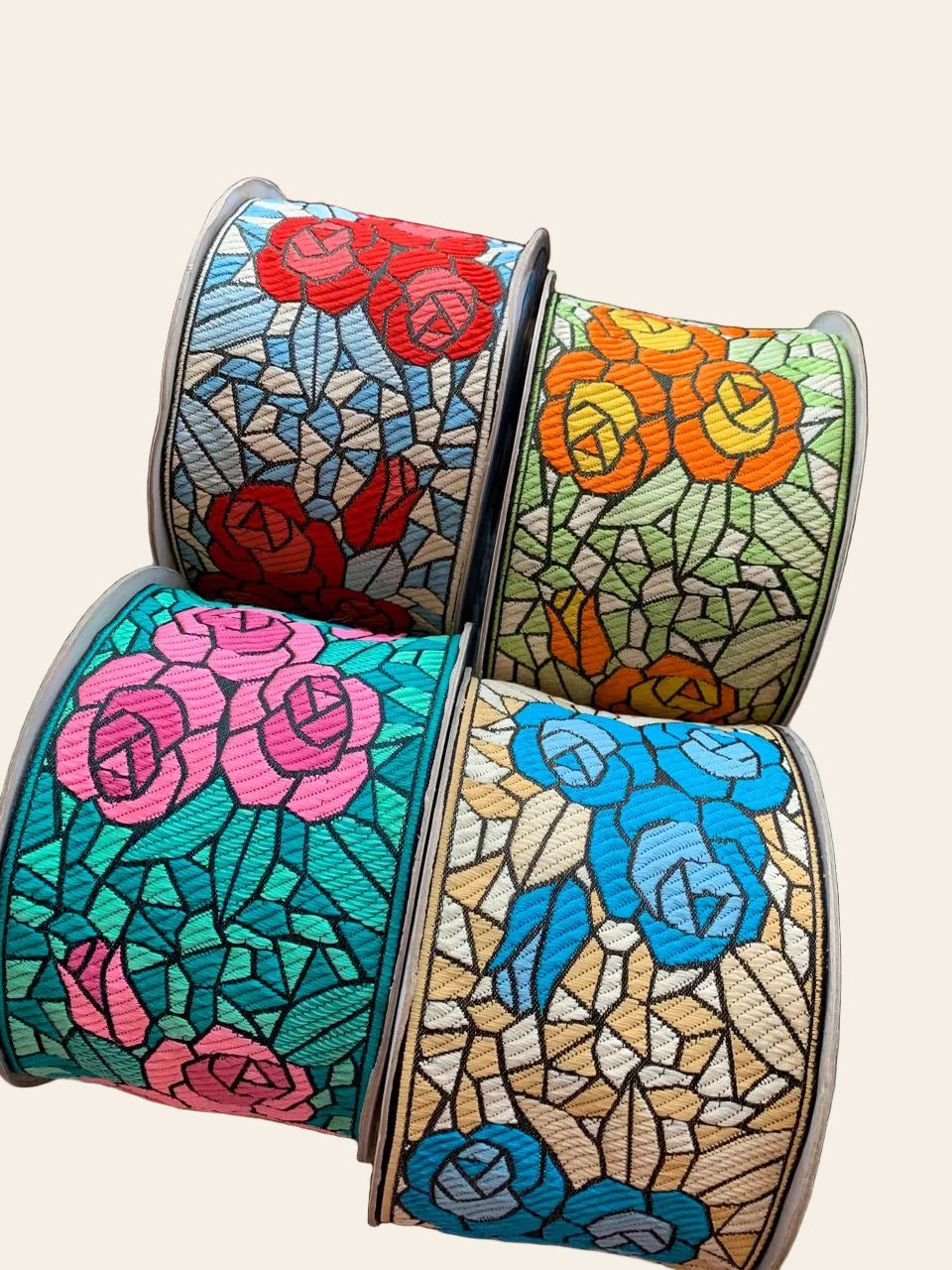 Stained Glass Rose Embroidered Trim