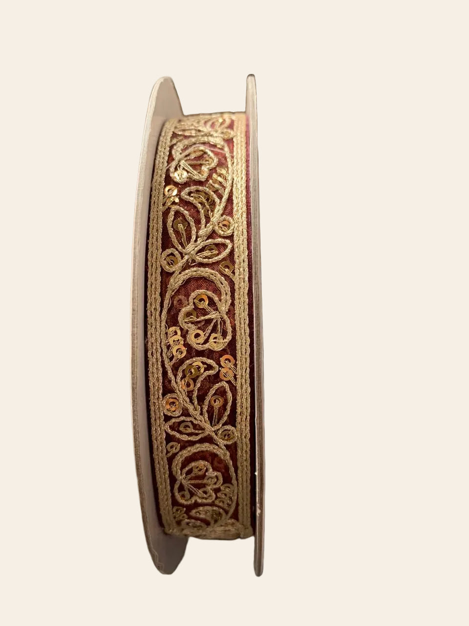 Maroon and Gold Embroidered Sequin Ribbon Trim