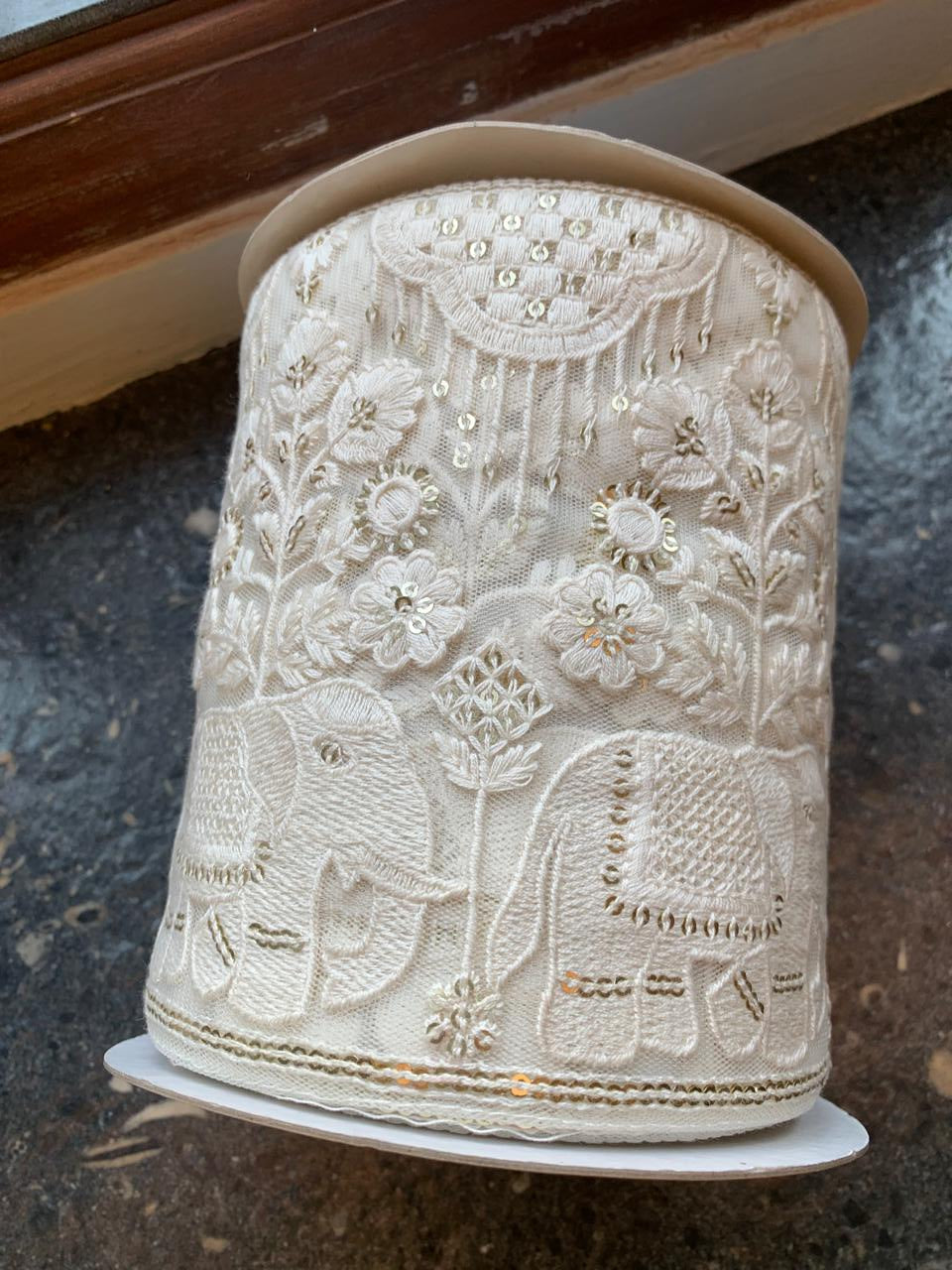 Ivory Elephant Shikargah Embroidered Sequin Trim