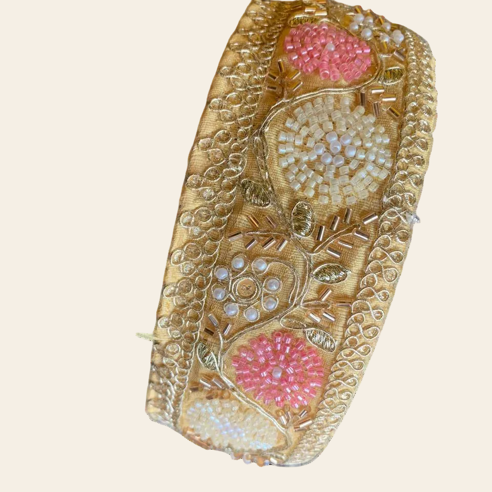 Premium Golden Zari & Beaded Floral Lace Trim