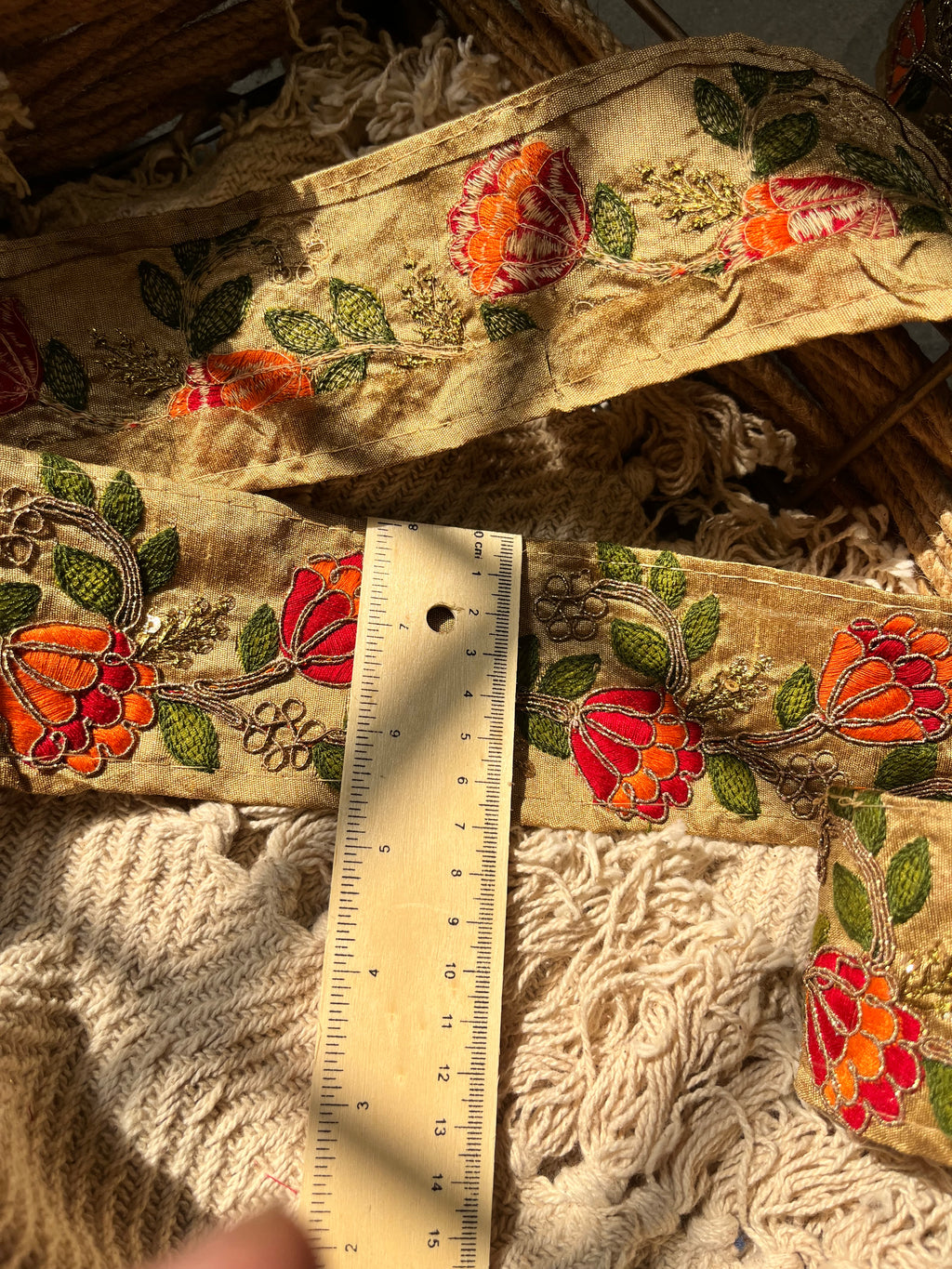 Traditional Floral Embroidered Lace with Red & Orange Blossoms