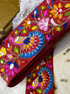 Multicolor Floral and Peacock Embroidered Trim – Vibrant Ethnic Lace