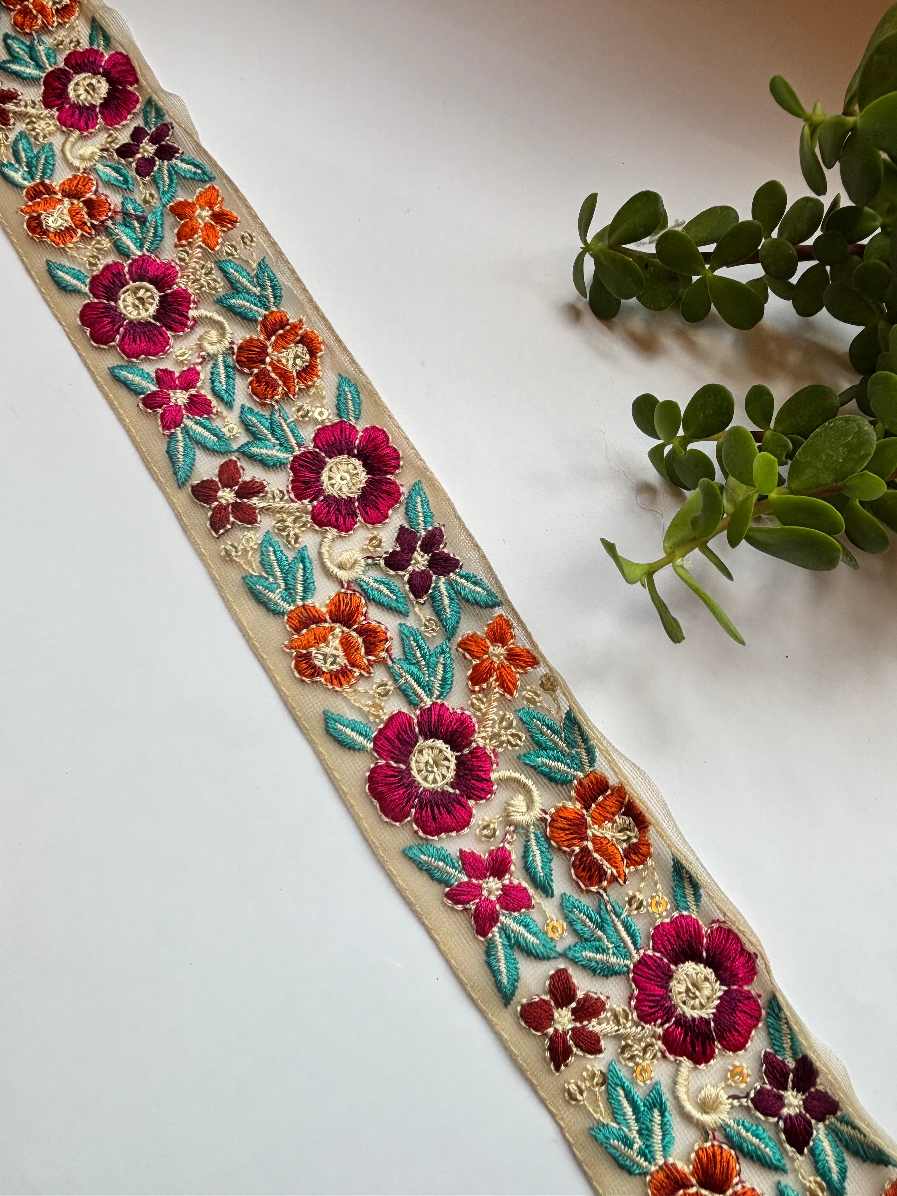 Exquisite Floral Embroidered Lace Trim with Sequins