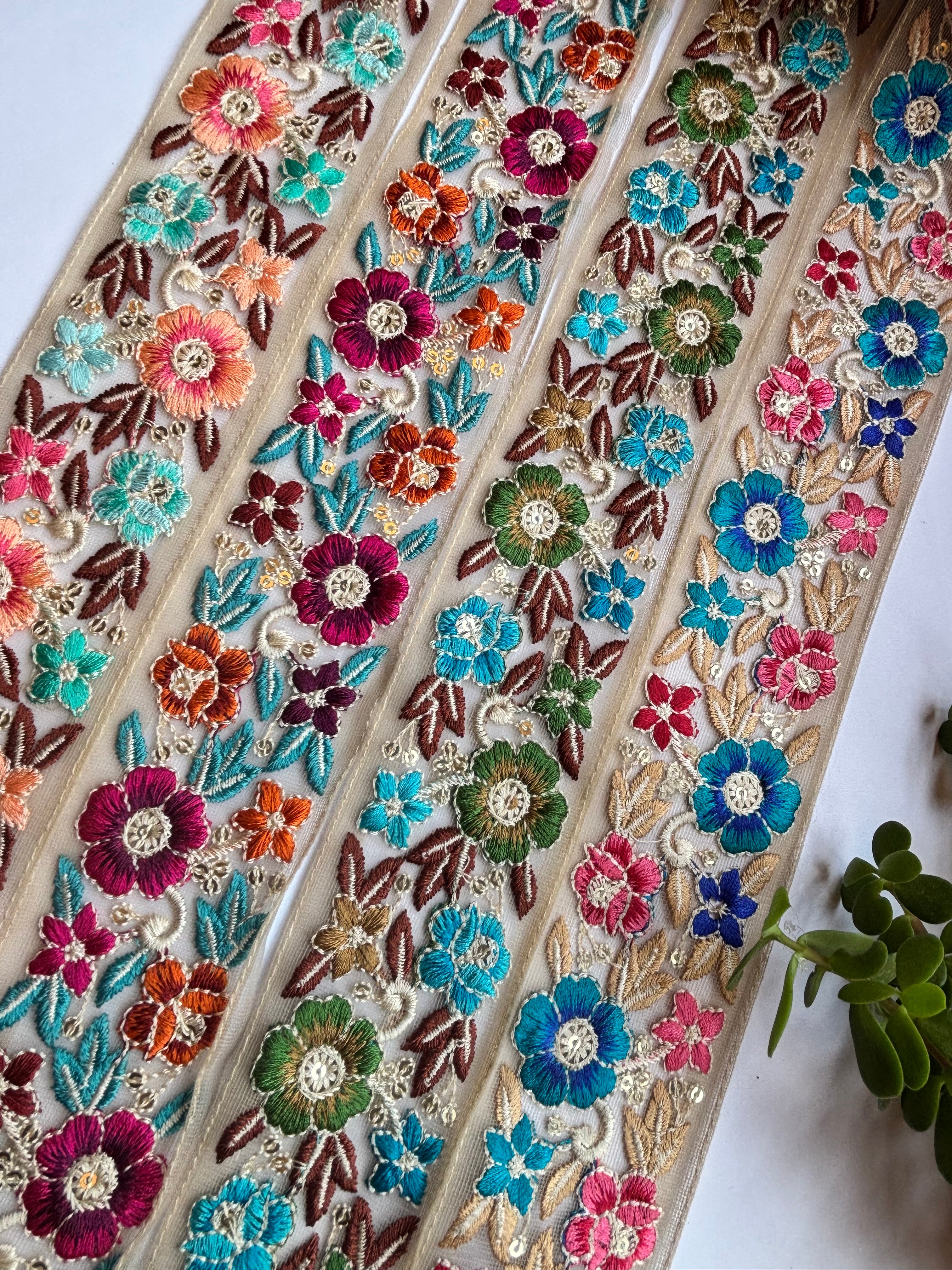 Exquisite Floral Embroidered Lace Trim with Sequins