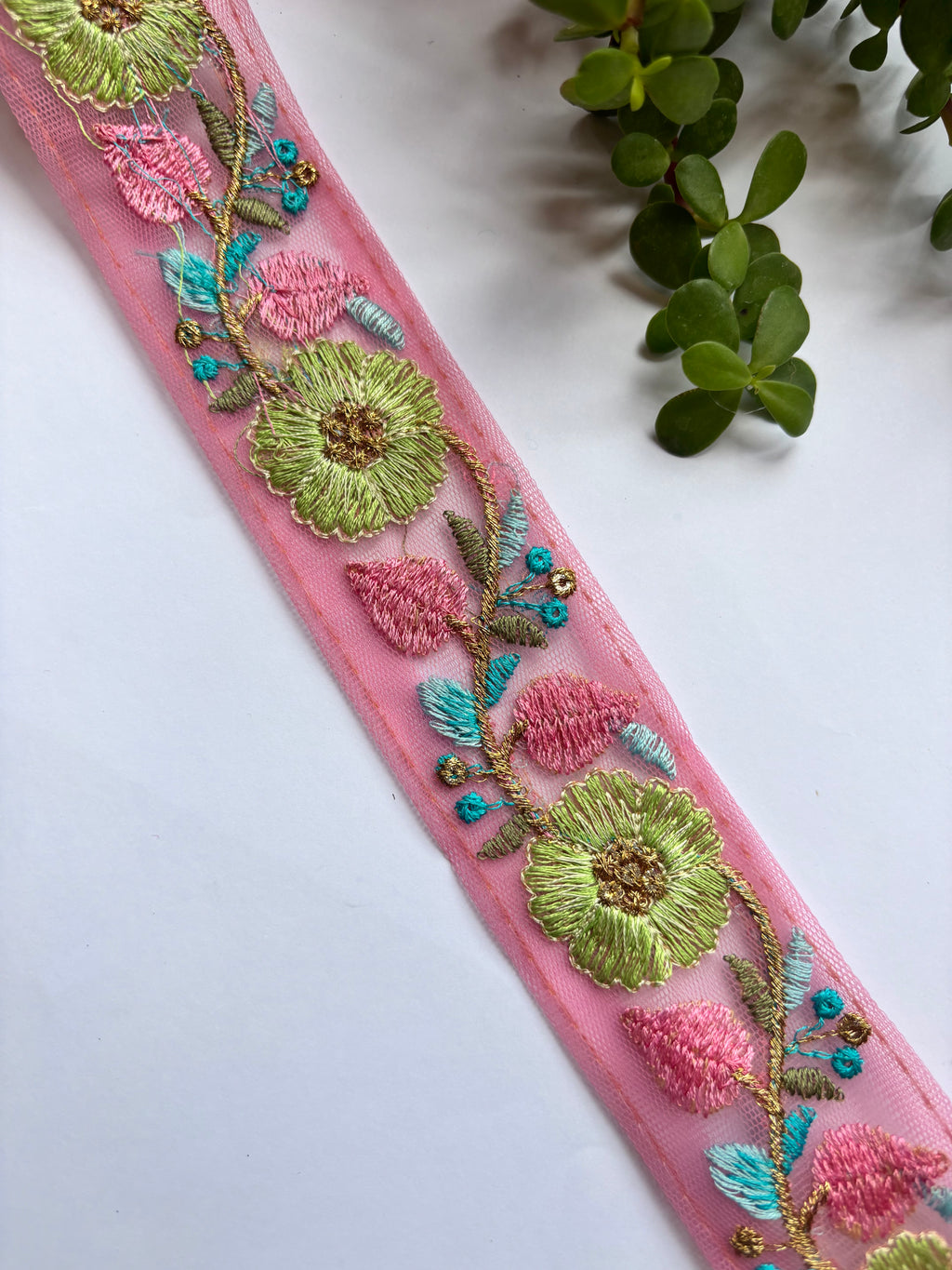 Floral Embroidered Net Trim with Zardozi Work