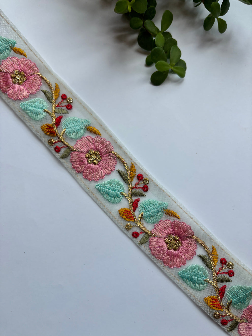 Floral Embroidered Net Trim with Zardozi Work