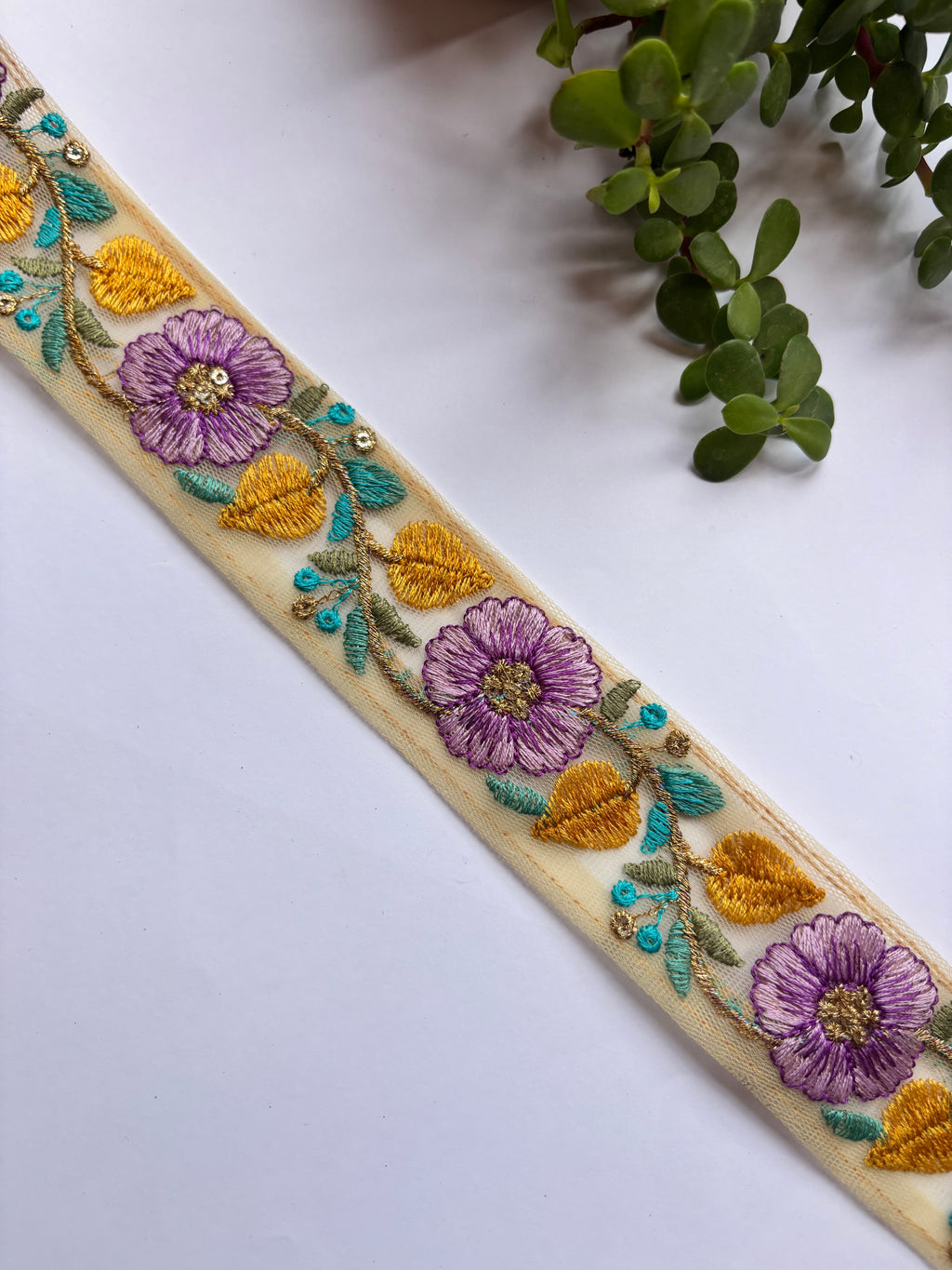 Floral Embroidered Net Trim with Zardozi Work