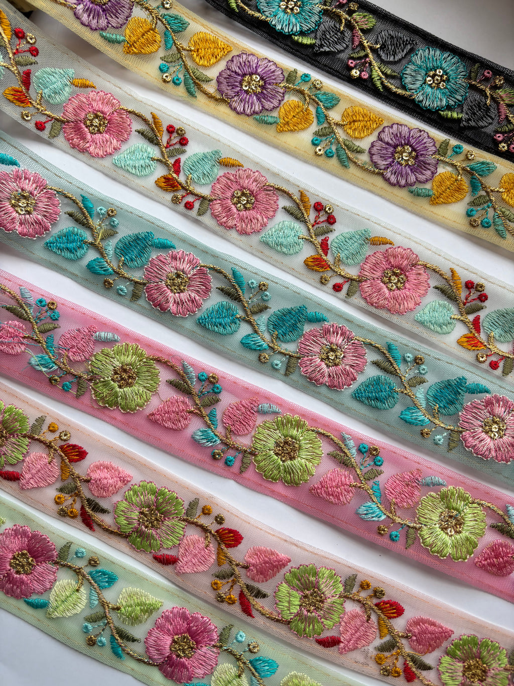 Floral Embroidered Net Trim with Zardozi Work