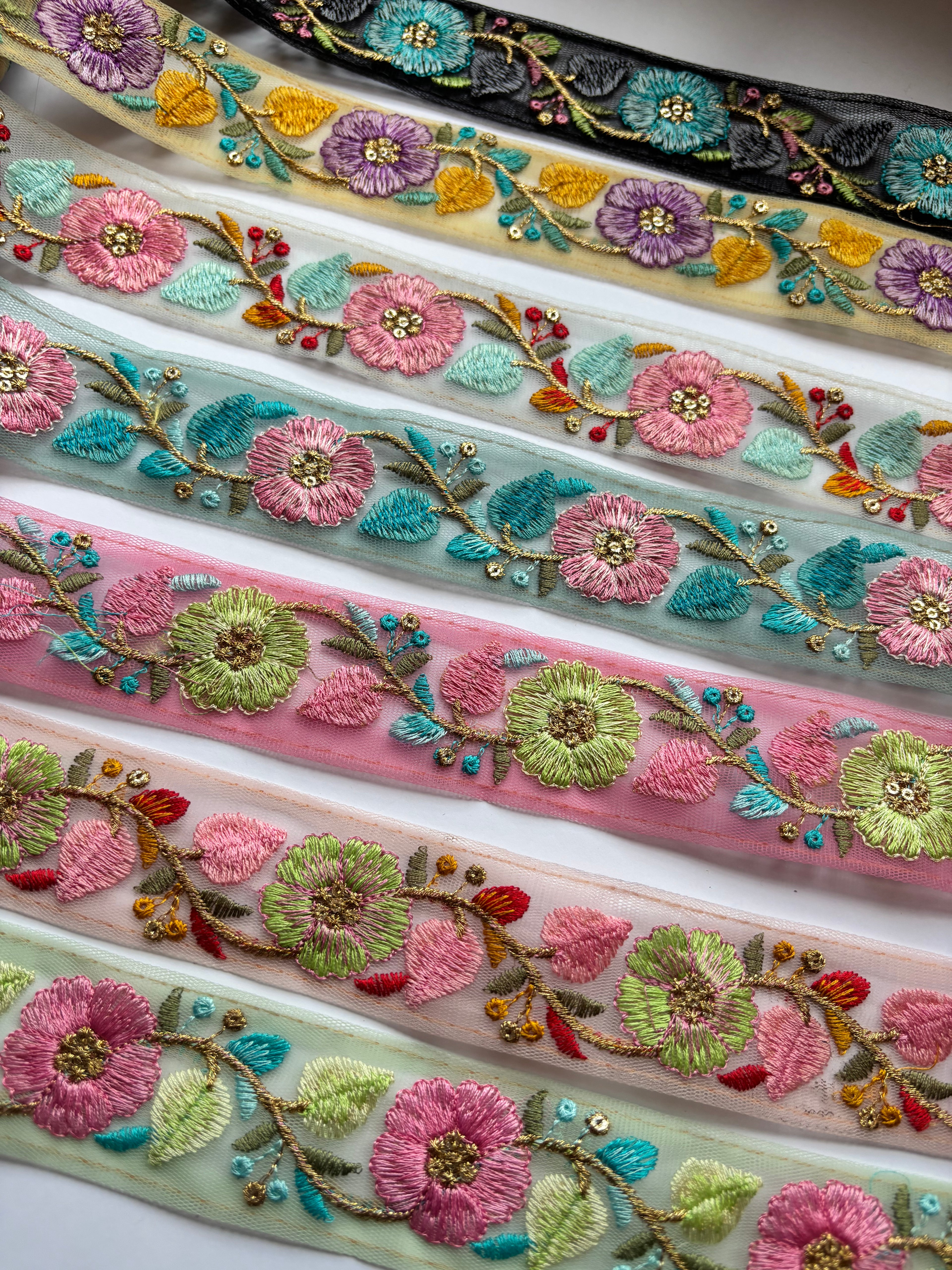 Floral Embroidered Net Trim with Zardozi Work