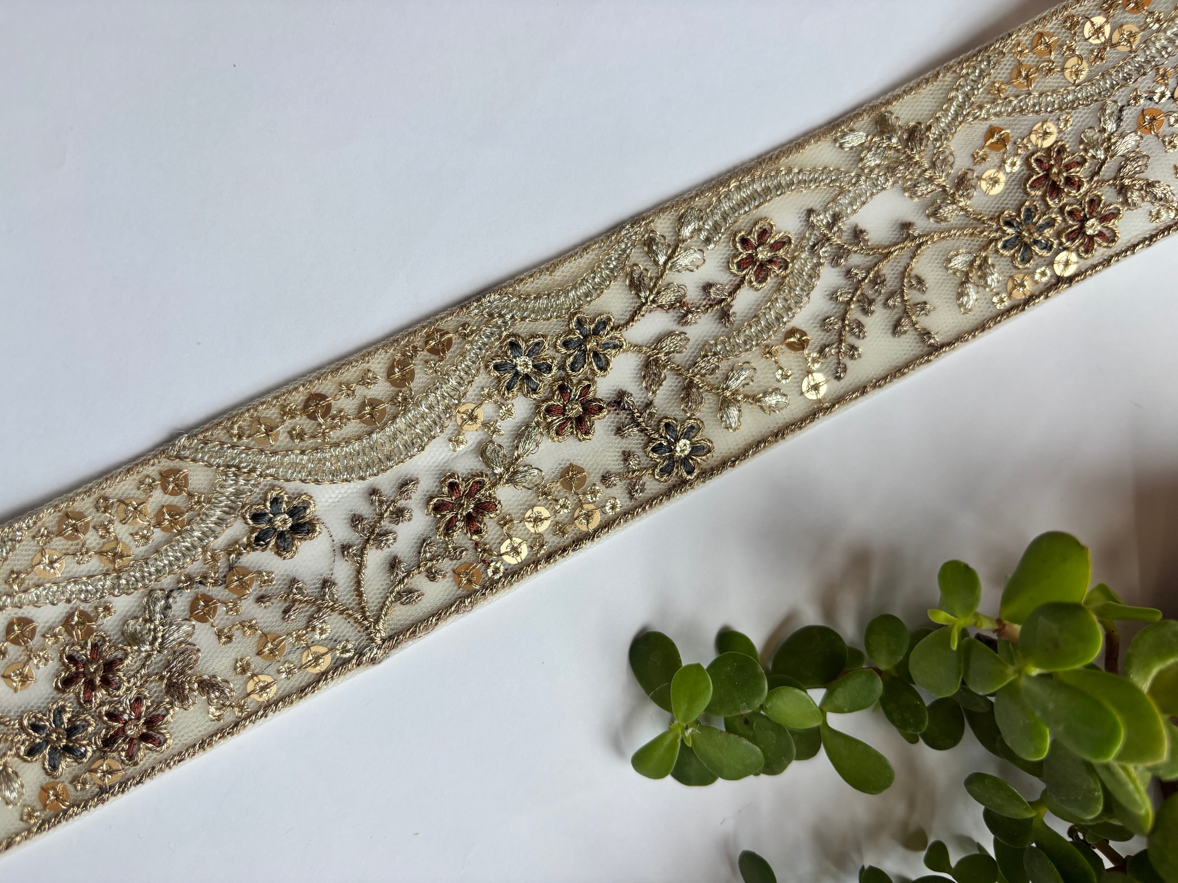 Vintage Zardozi Floral Trim with Gold Sequins