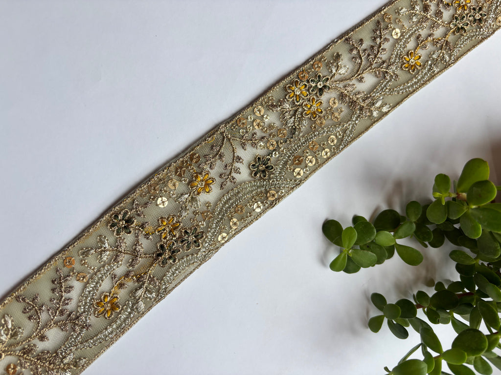 Vintage Zardozi Floral Trim with Gold Sequins