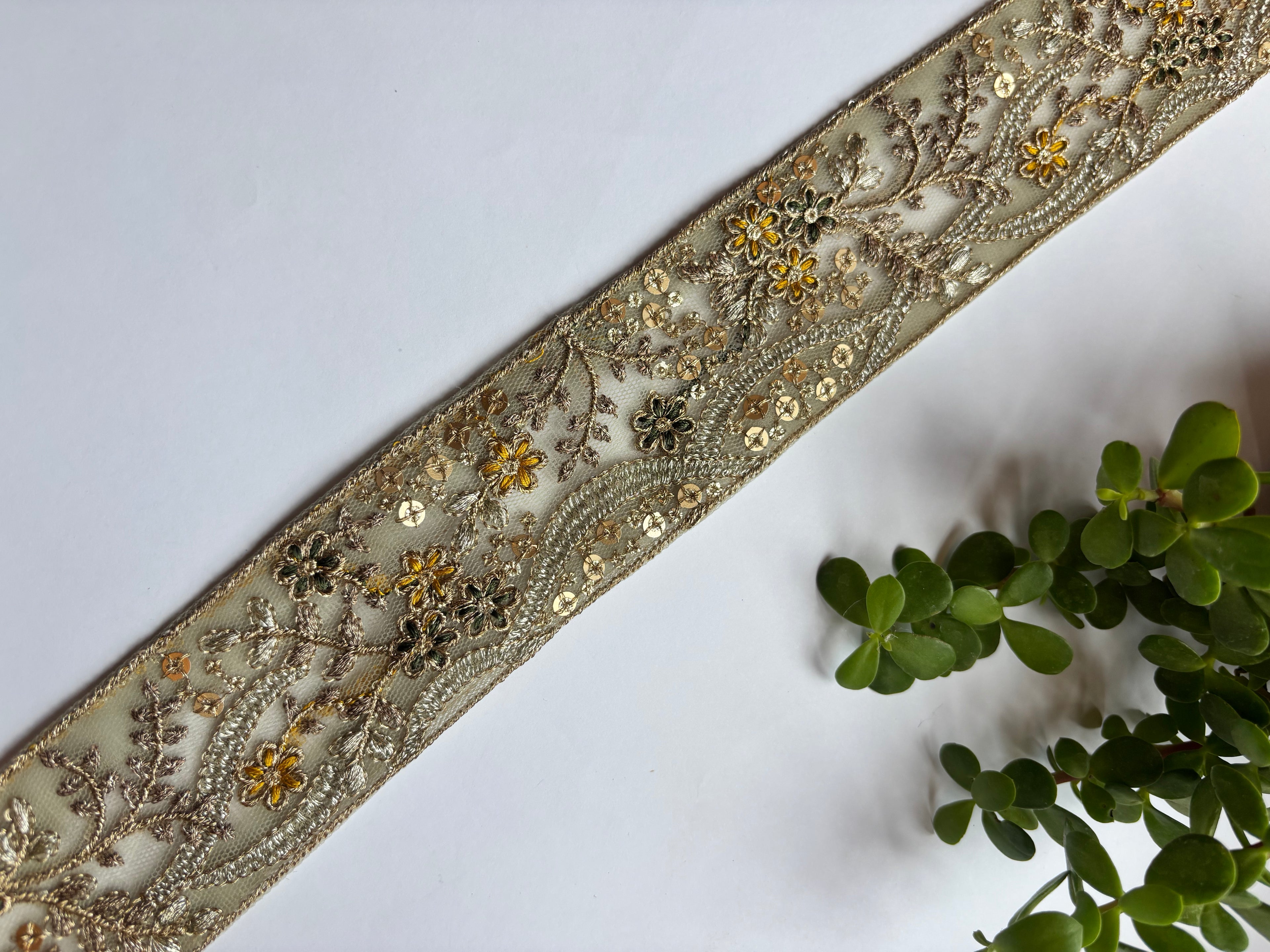 Vintage Zardozi Floral Trim with Gold Sequins