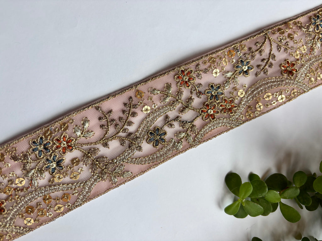 Vintage Zardozi Floral Trim with Gold Sequins