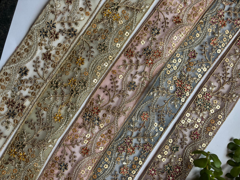 Vintage Zardozi Floral Trim with Gold Sequins