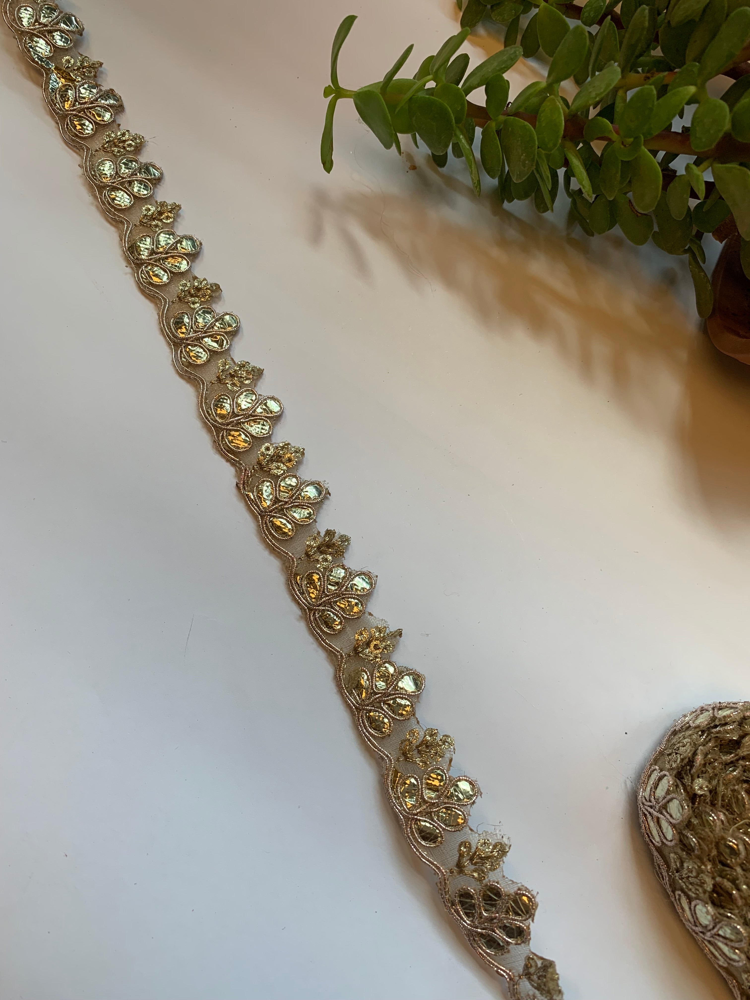 Elegant Champagne Beaded Floral Lace Trim