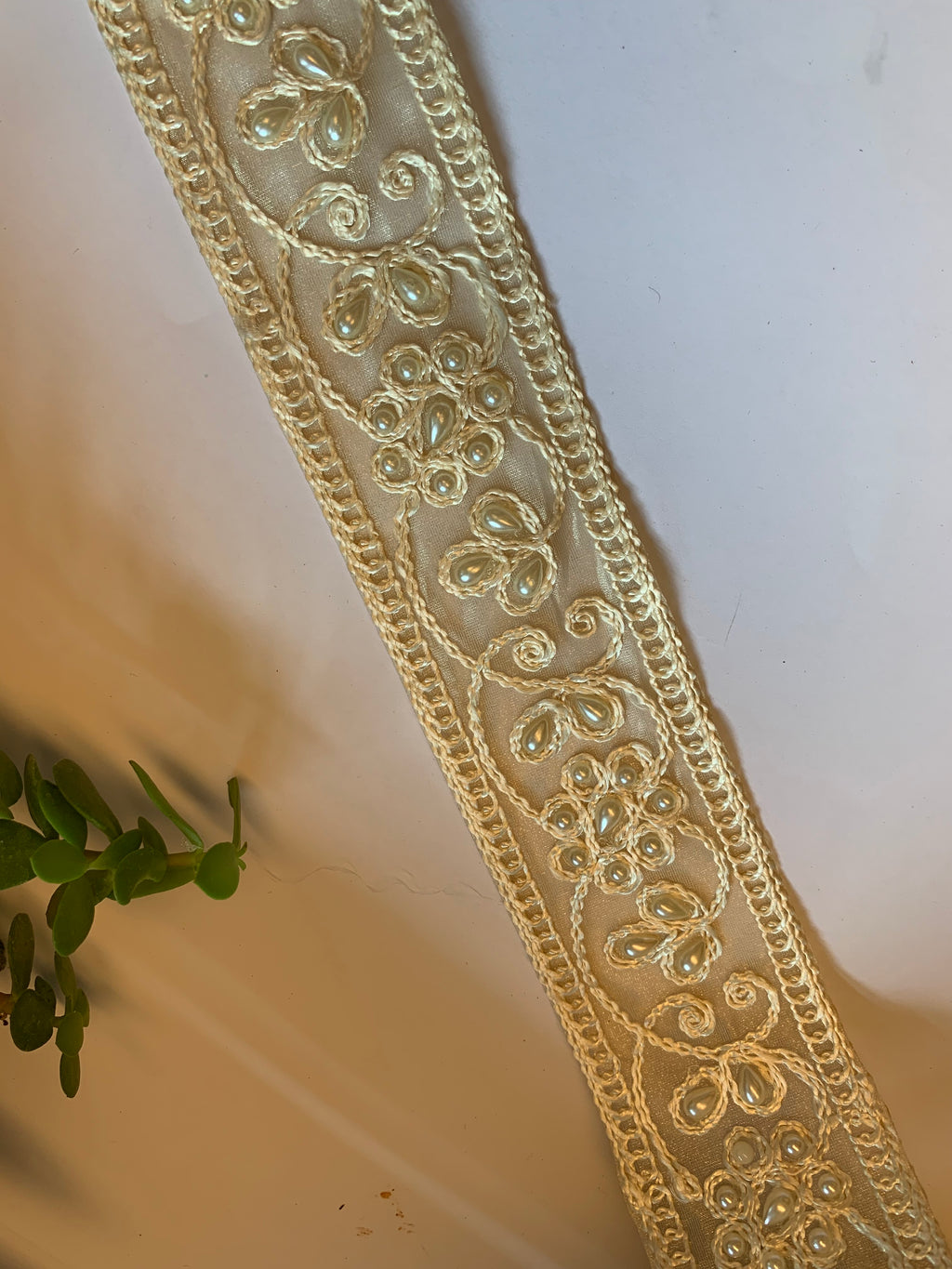 Ornate Faux-Pearl Embroidered Ribbon Trim